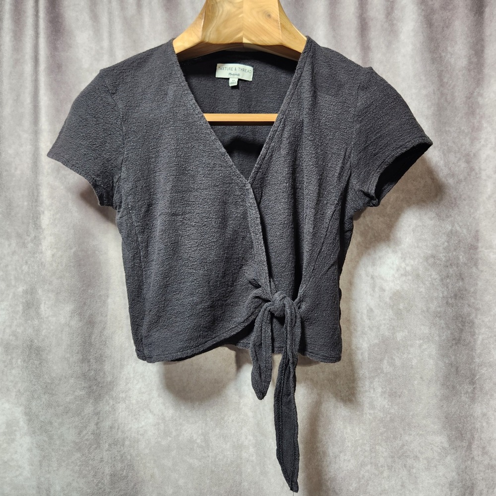 Madewell Texture & Thread Charcoal Grey Cotton Wrap Side Tie Cropped Top XS